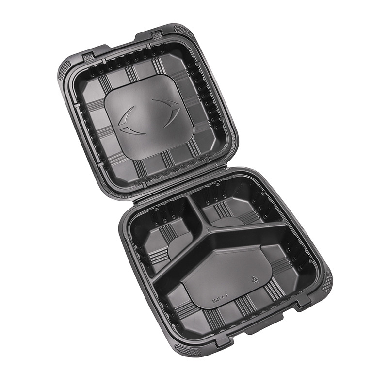 Disposable PP Lunch box with lid sealing black square three grid fast food box